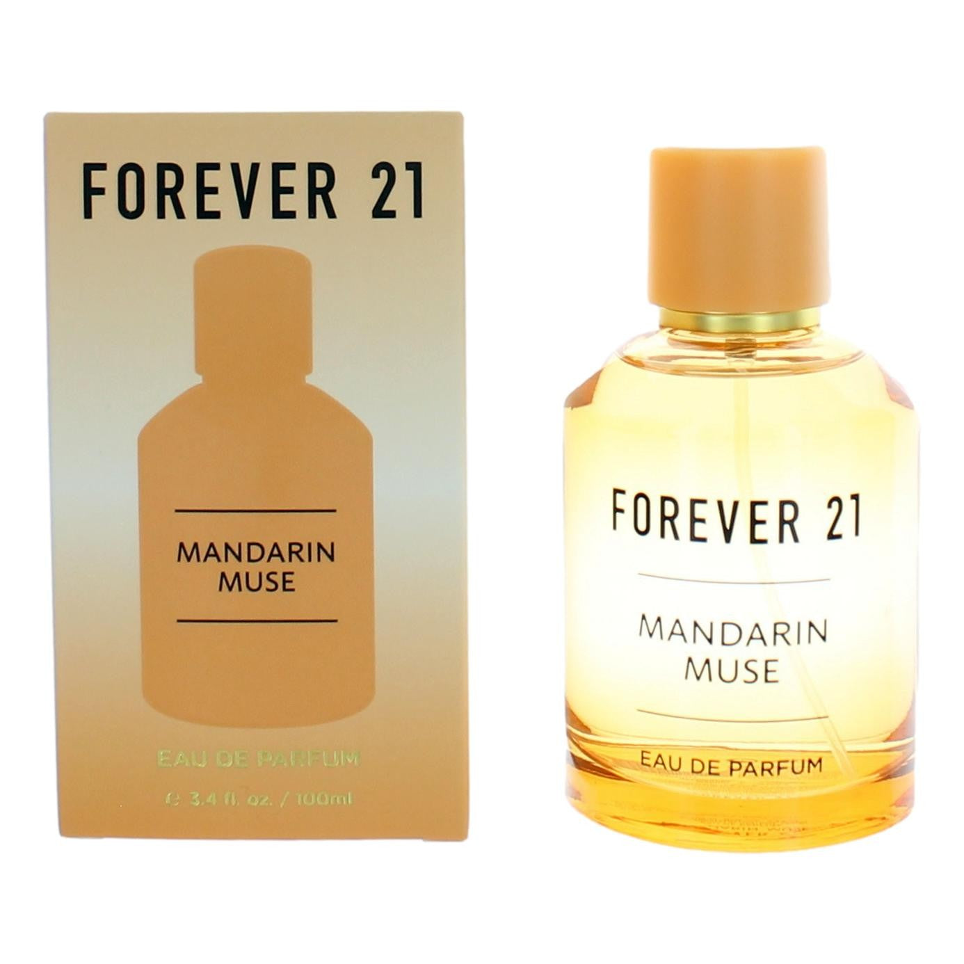 Forever 21 Mandarin Muse Eau de Parfum spray bottle with gold cap and label.