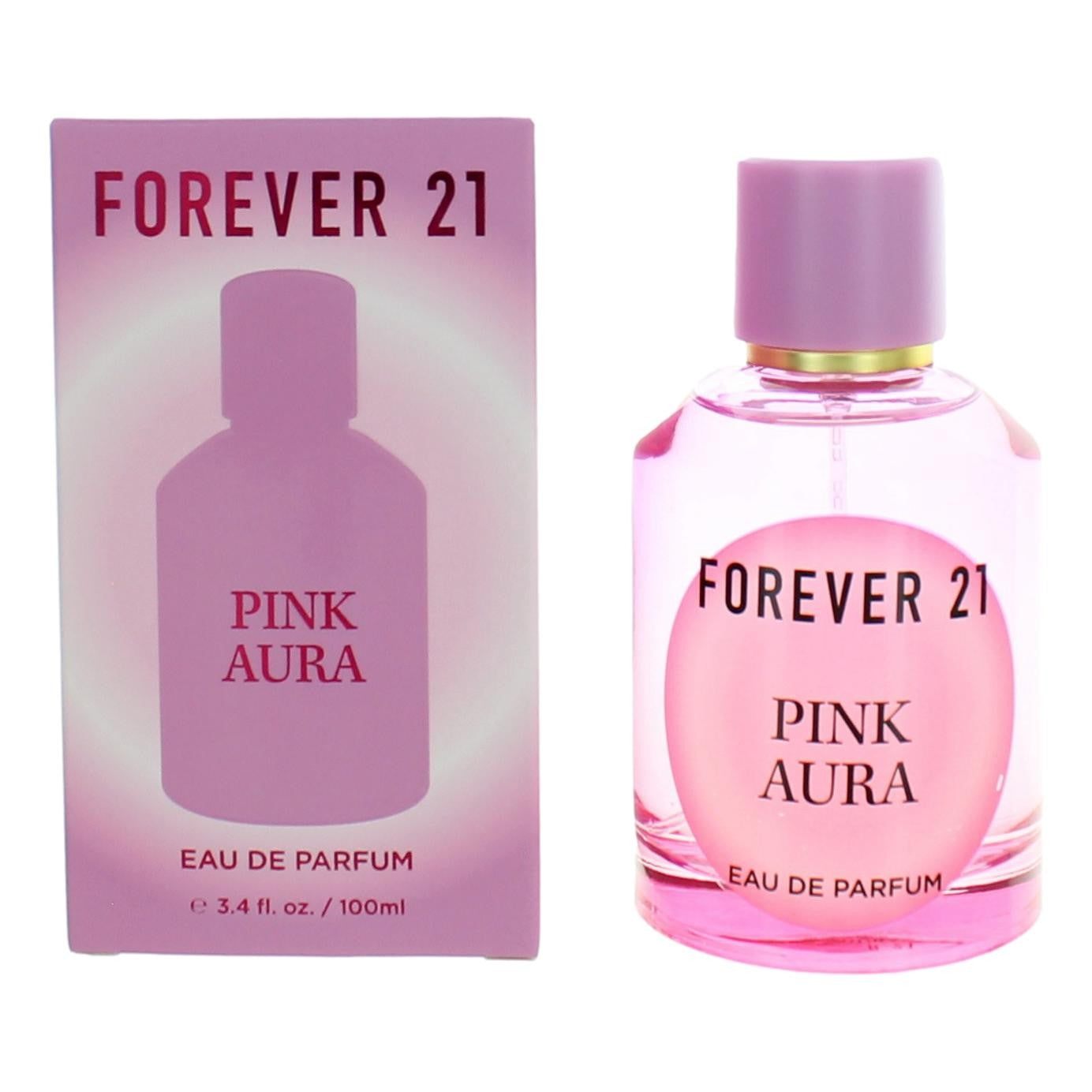 Forever 21 Pink Aura Eau de Parfum spray bottle with matching product box, pink
