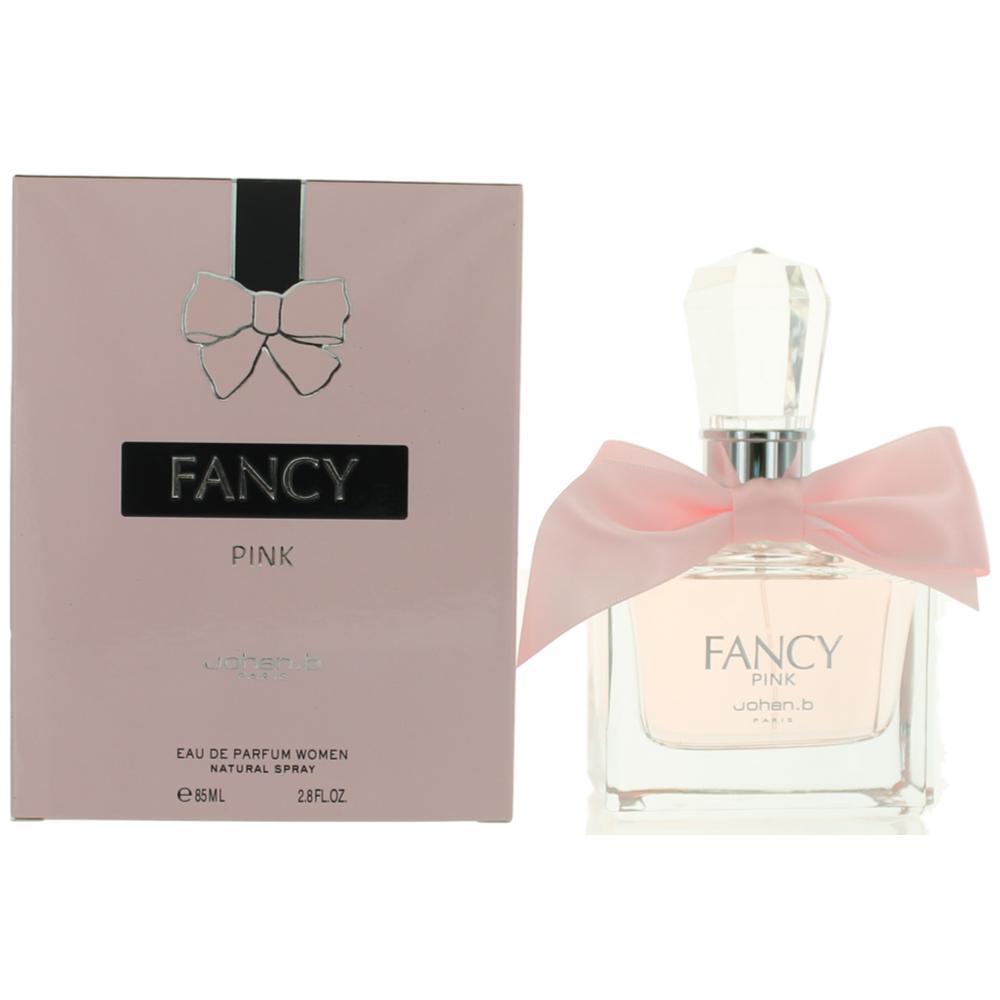 Johan.b Fancy Pink perfume spray with glass bottle and pink bow, shown with box.