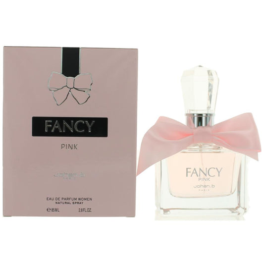Johan.b Fancy Pink perfume spray with glass bottle and pink bow, shown with box.