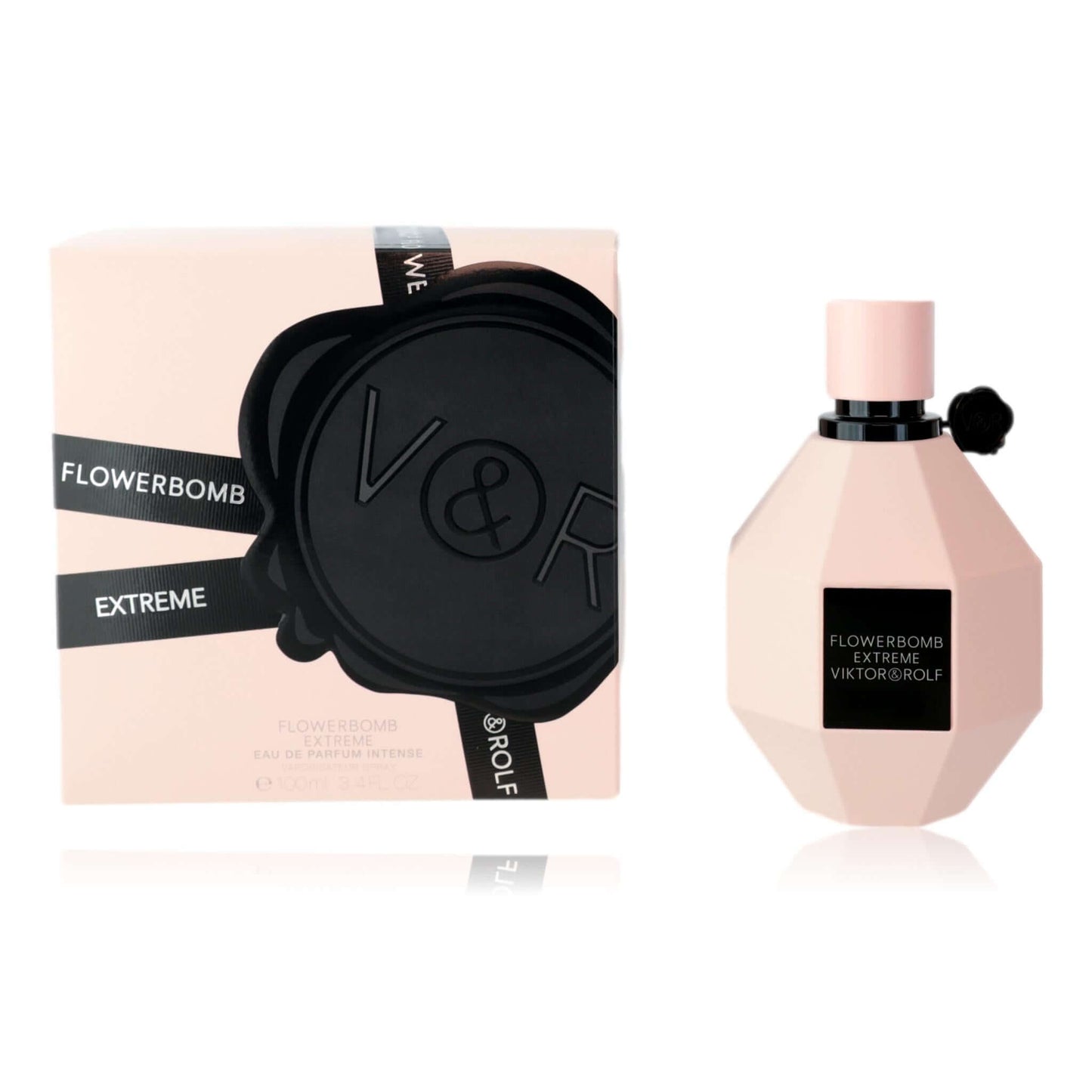 Flowerbomb Extreme EDP spray bottle with black cap and pink bottle, plus box