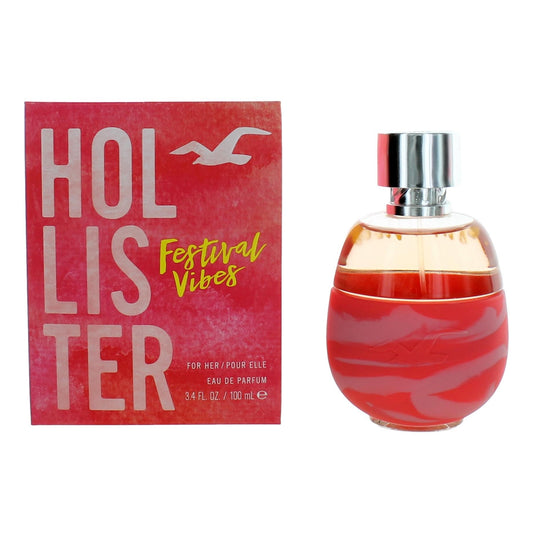 Hollister Festival Vibes EDP spray bottle with red glass and matching gift box.