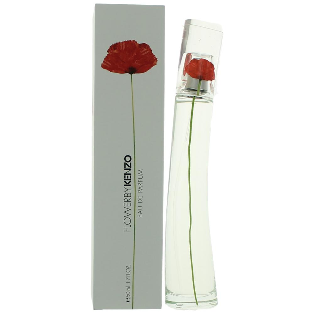 Flower by Kenzo EDP spray bottle with red flower cap, shown with box
