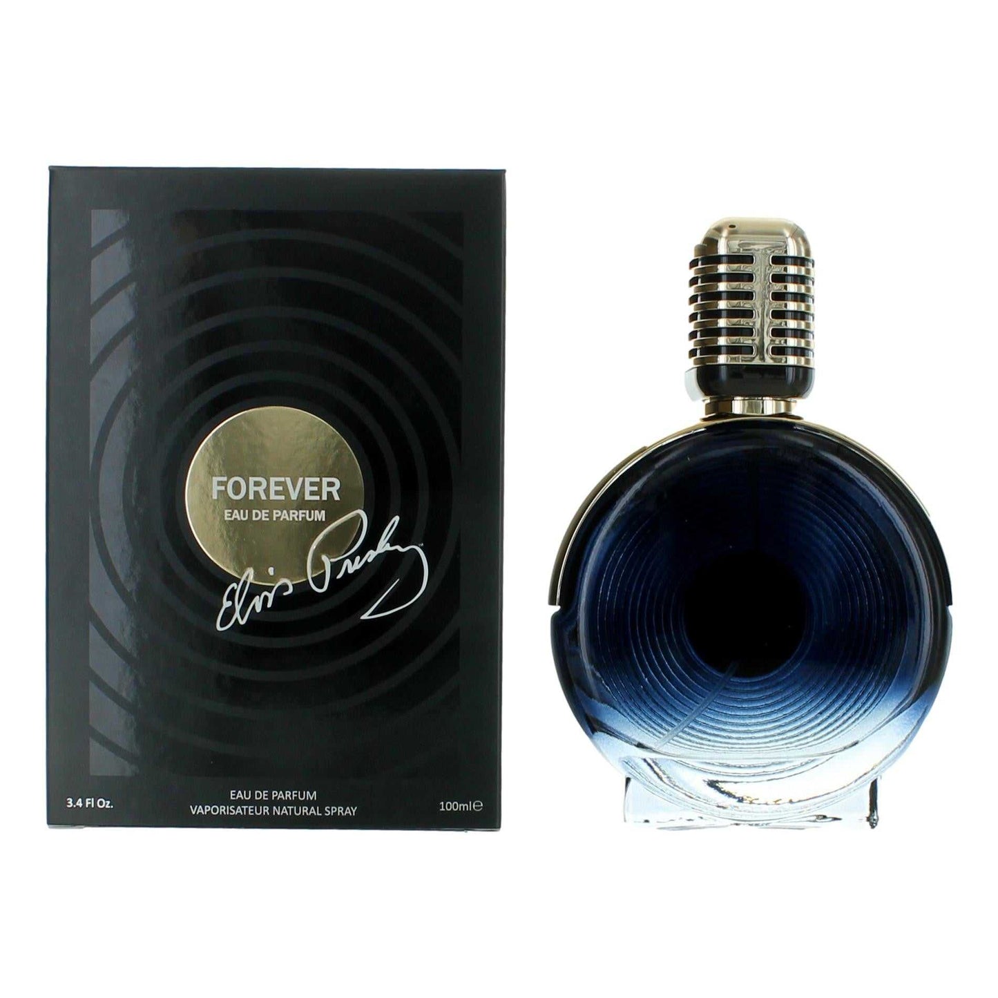 Women’s eau de parfum spray bottle with blue glass and gold cap, boxed