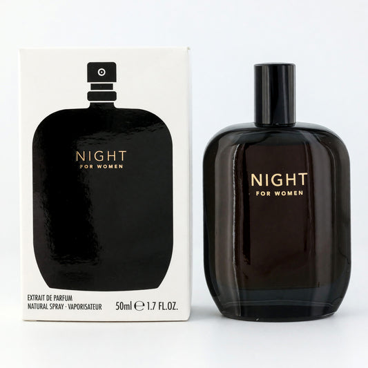 Women’s Night extrait de parfum spray bottle with black cap and label, 50 ml