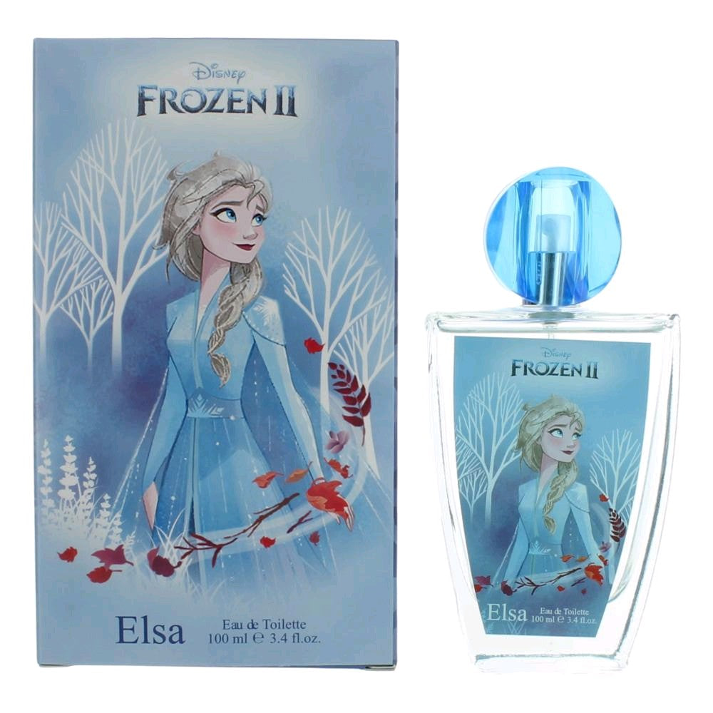Elsa Eau de Toilette spray bottle with blue cap and matching Frozen II box