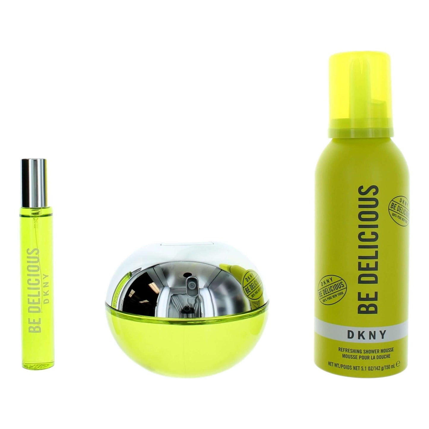 Be Delicious DKNY by Donna Karan, 3 Piece Gift Set for Women includes perfume and shower mousse.