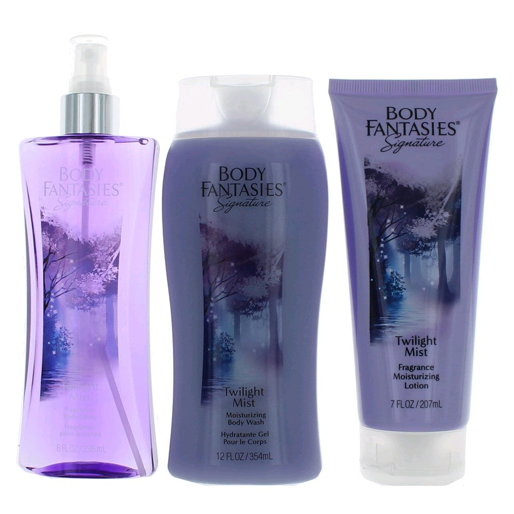 Twilight Mist 3-piece body care set with pump bottle, body wash, and lotion