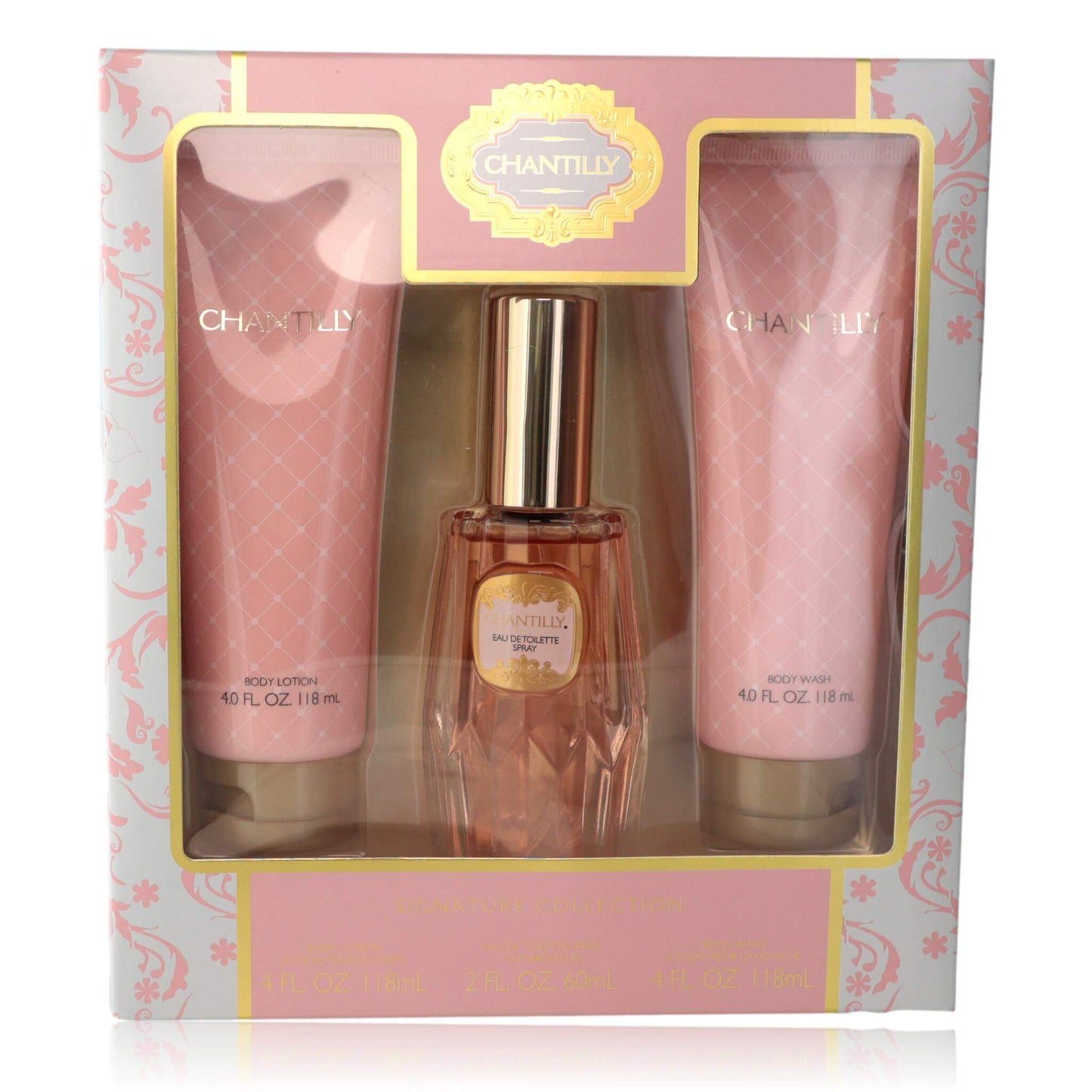 3-piece set for women: two pink lotion tubes and a clear perfume bottle
