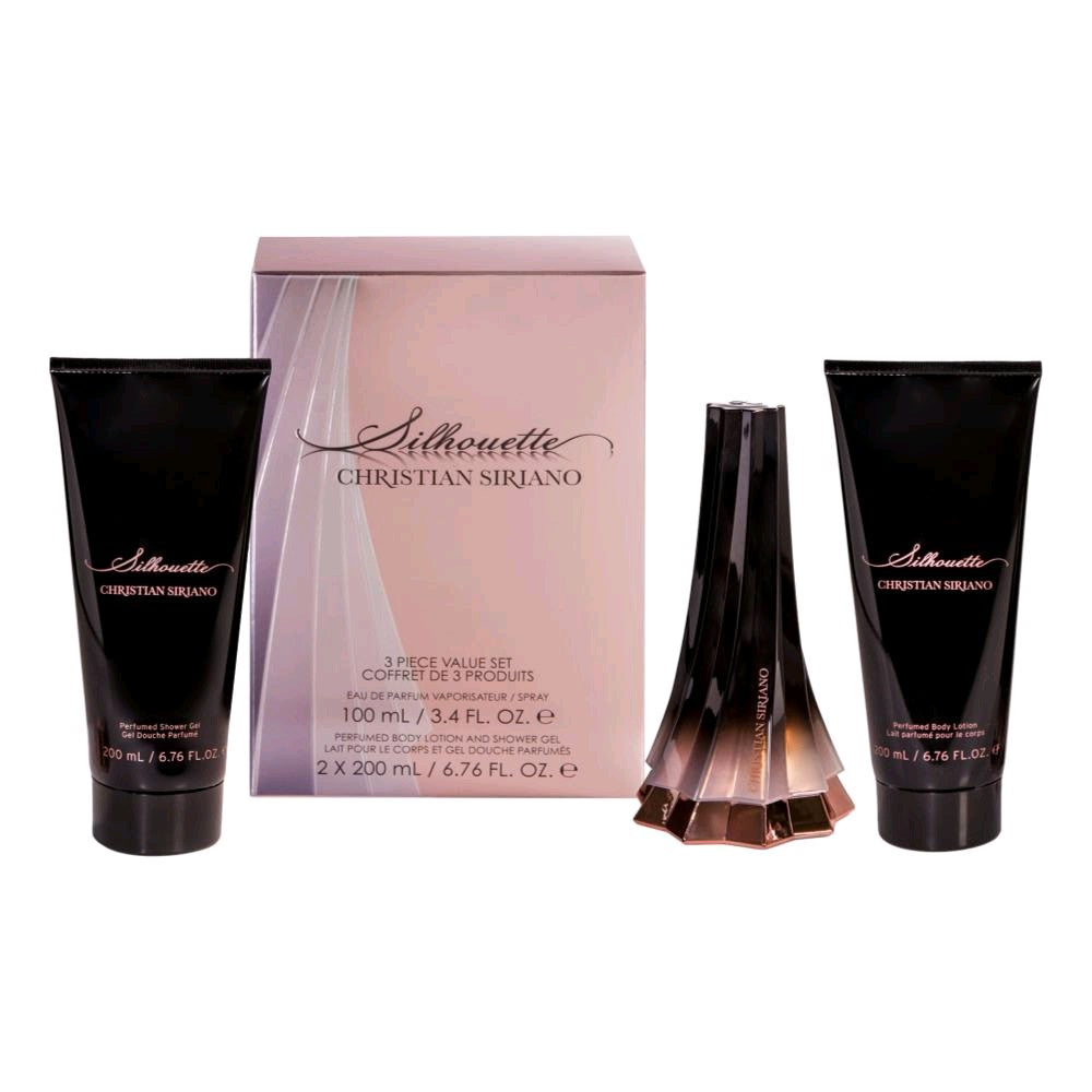 3-piece beauty gift set with box and three dark bottles and tubes