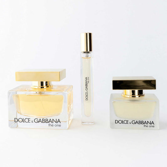 The One by Dolce & Gabbana 3-piece women’s perfume gift set, three bottles with gold caps