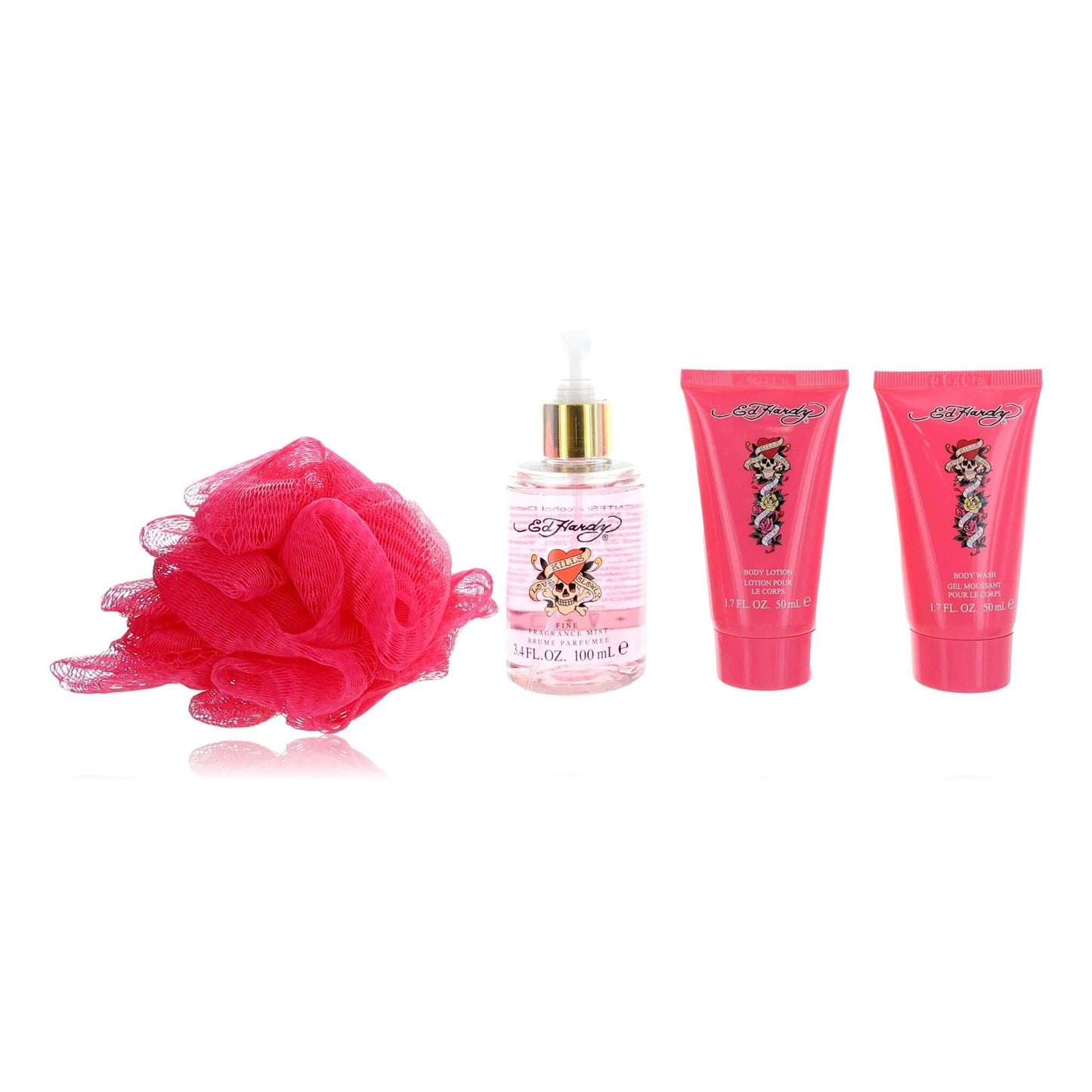 Ed Hardy by Christian Audigier 4-piece beauty set: red mesh flower, bottle, 2 tubes