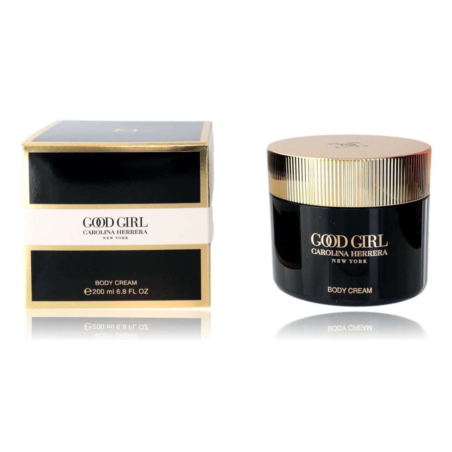 Good Girl body cream by Carolina Herrera, jar with gold-toned lid and black base