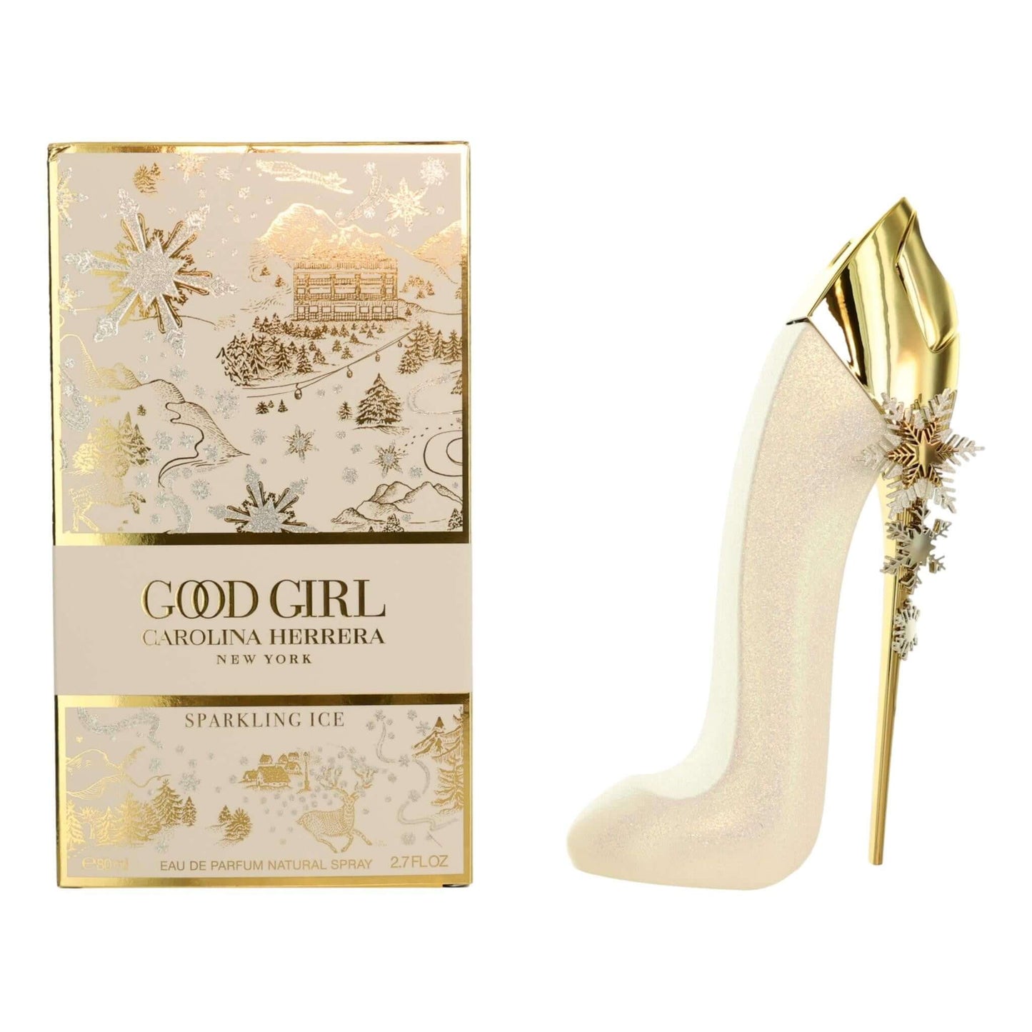 Sparkling ice perfume spray in gold shoe-shaped bottle with matching box