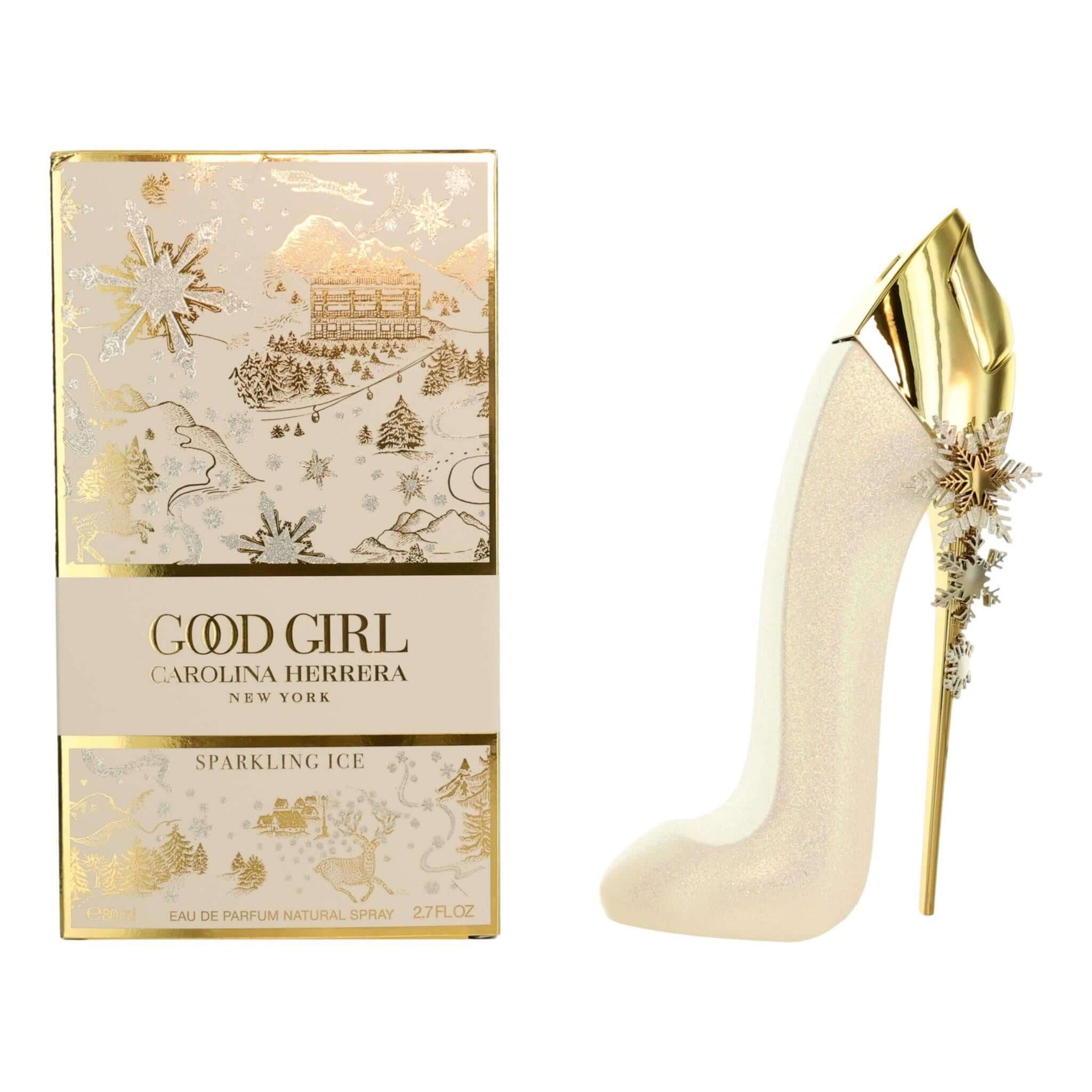 Sparkling ice perfume spray in gold shoe-shaped bottle with matching box