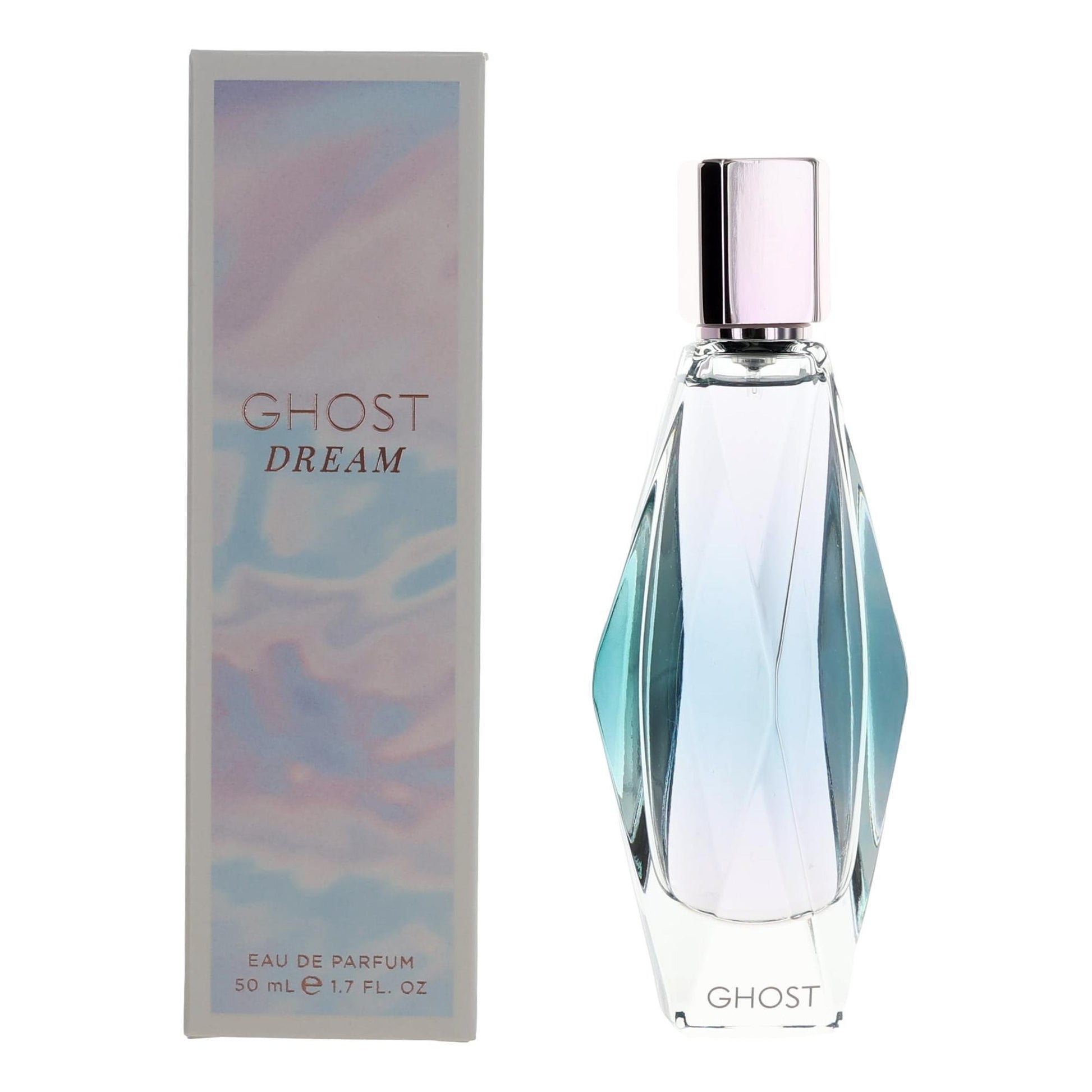 Women’s eau de parfum spray with faceted glass bottle and silver cap, plus box