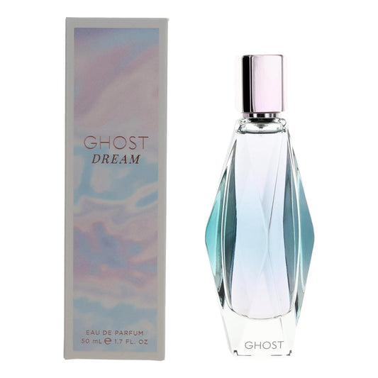 Women’s eau de parfum spray with faceted glass bottle and silver cap, plus box