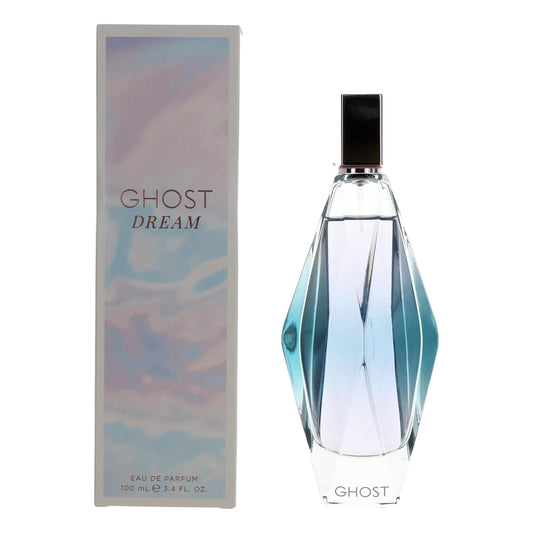 Eau de parfum spray bottle with box, clear teal-tinted glass and black cap