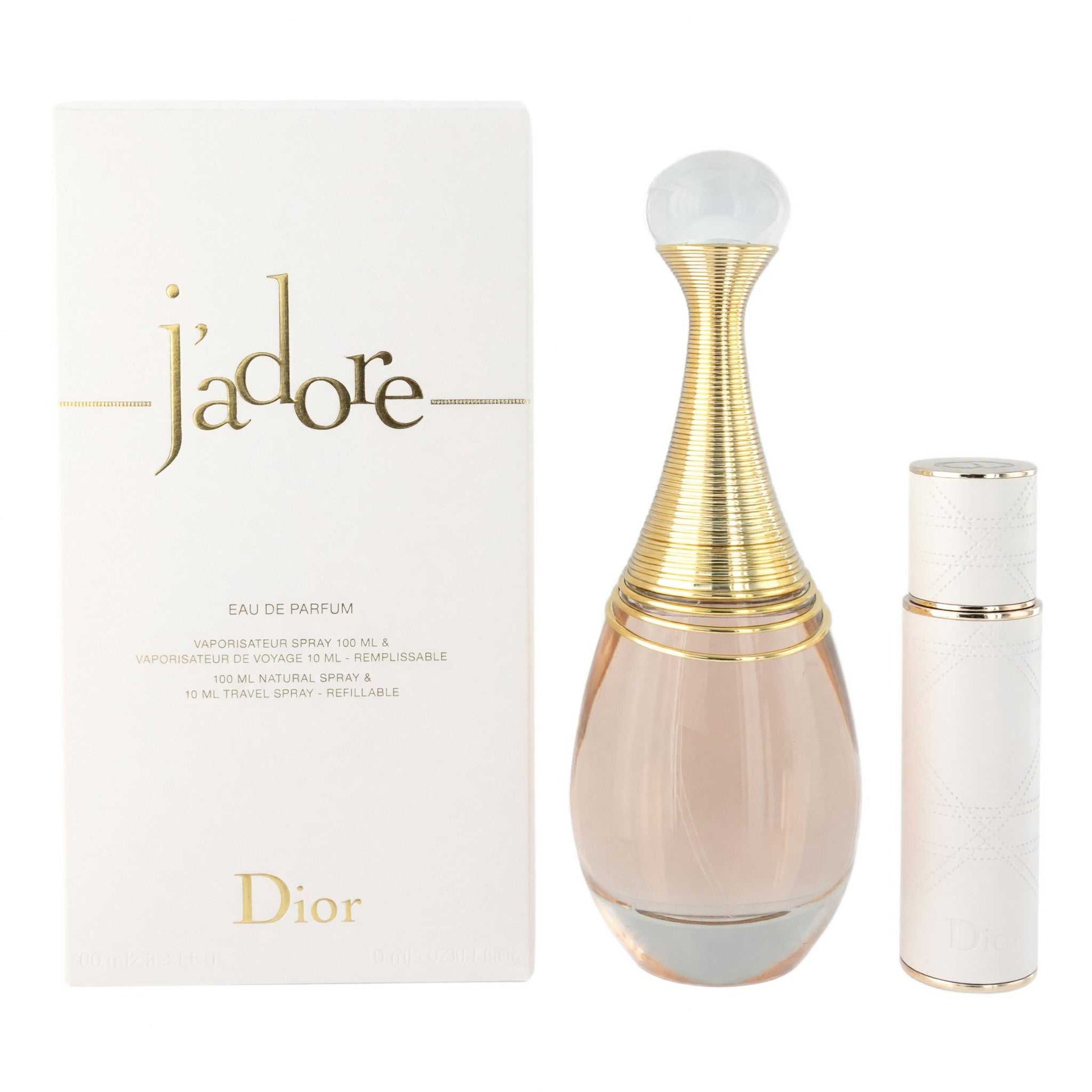 J'adore by Christian Dior 2-piece perfume set: gold-capped bottle and travel spray