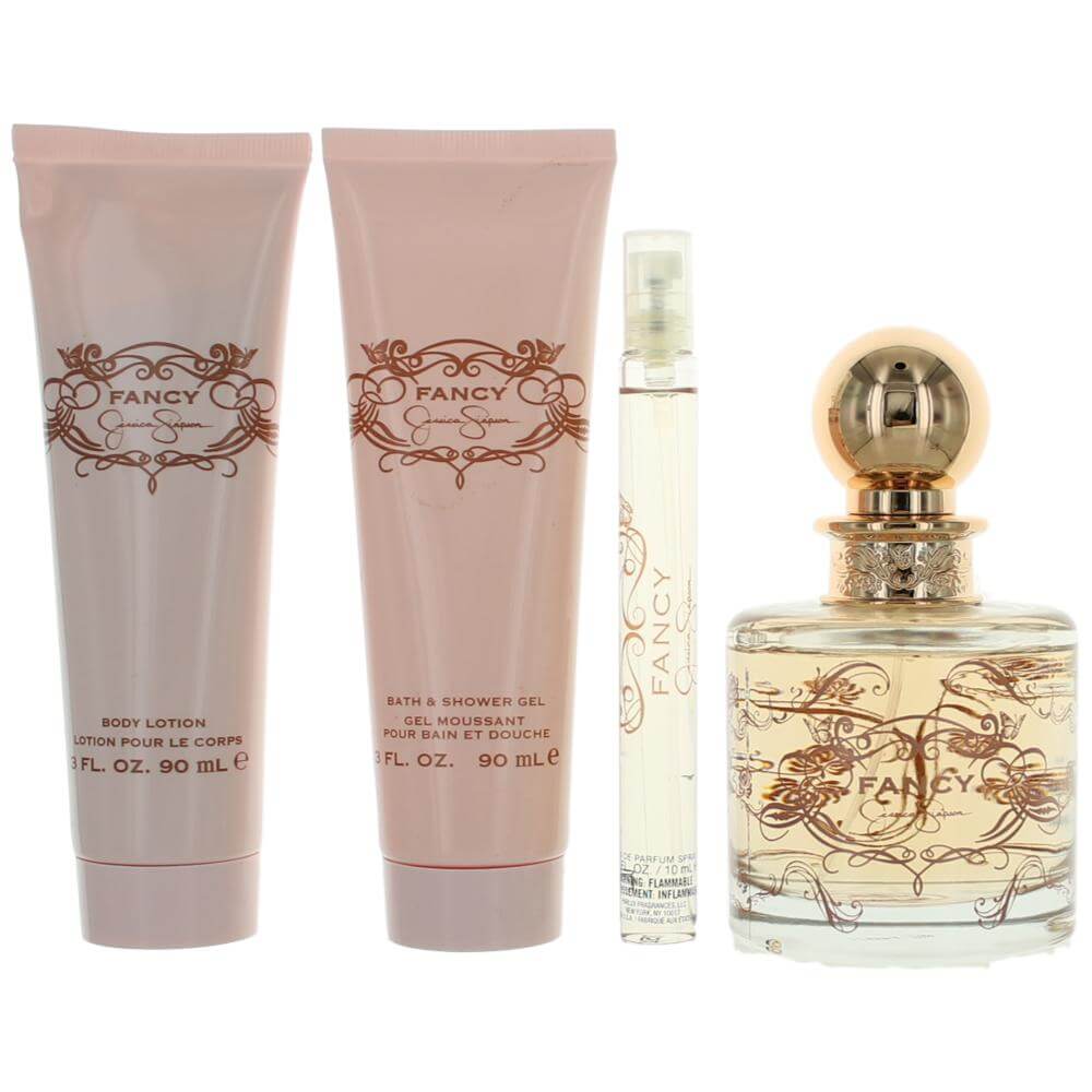 Fancy by Jessica Simpson, 4 Piece Gift Set for Women featuring Eau De Parfum, Body Lotion, Bath Gel, and Mini Spray.
