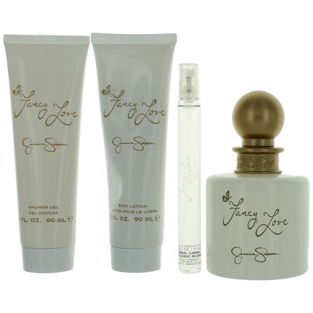 4-piece women's fragrance gift set: body lotion, shower gel, spray, perfume bottle.