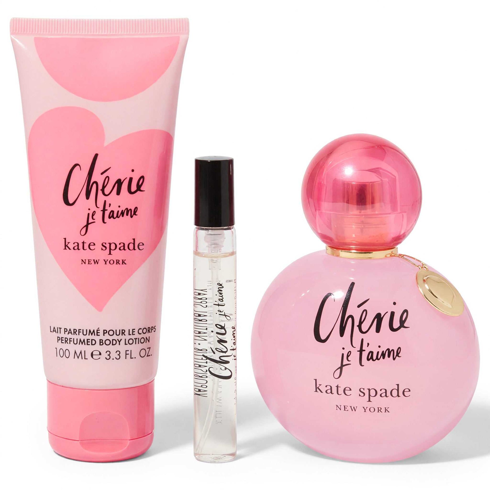 Kate Spade Cherie je t'aime 3-piece gift set: pink lotion, perfume spray, rollerball