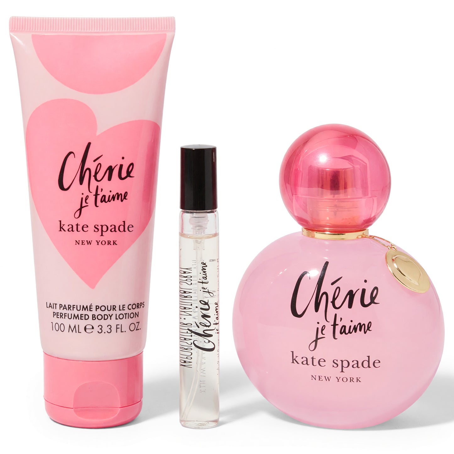 Women’s Cherie Je T'aime 3-piece fragrance set: pink lotion, perfume bottle, roller.