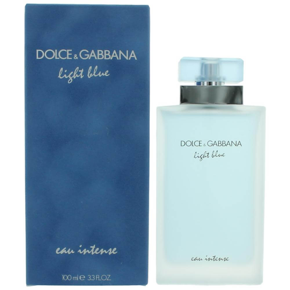 Light blue eau de parfum spray bottle with cap, shown with matching box