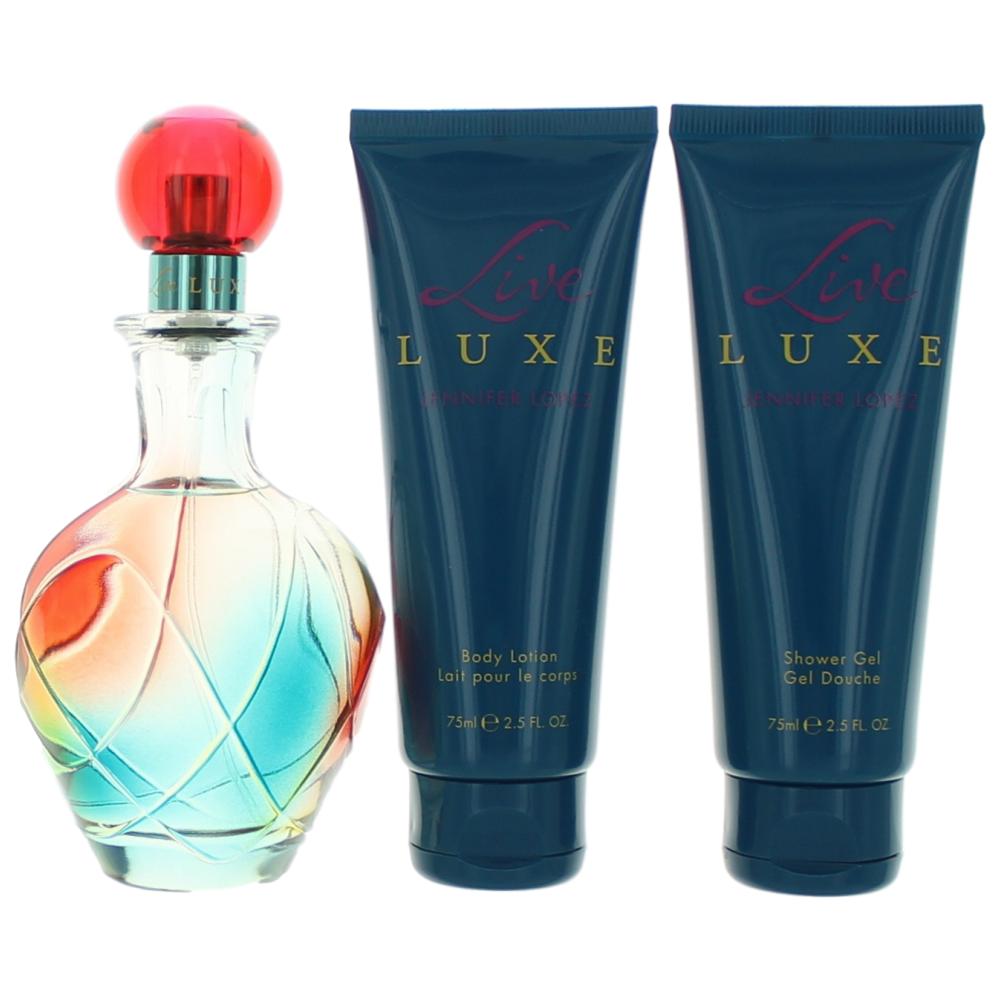 Live Luxe by J. Lo 3-piece gift set: perfume bottle, body lotion and shower gel tubes