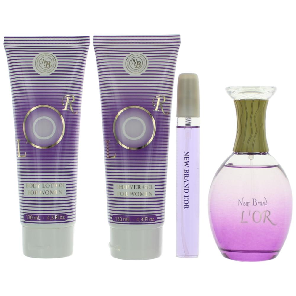 4-piece women’s gift set: purple striped tubes, small bottle, lip gloss