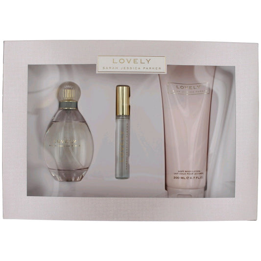 3-piece perfume gift set: glass bottle, gold rollerball, and lotion tube