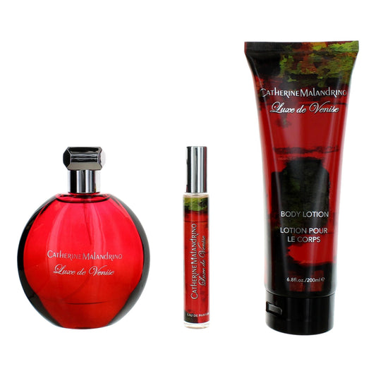 Luxe De Venice 3-piece gift set: red perfume bottle, roller, and body lotion tube