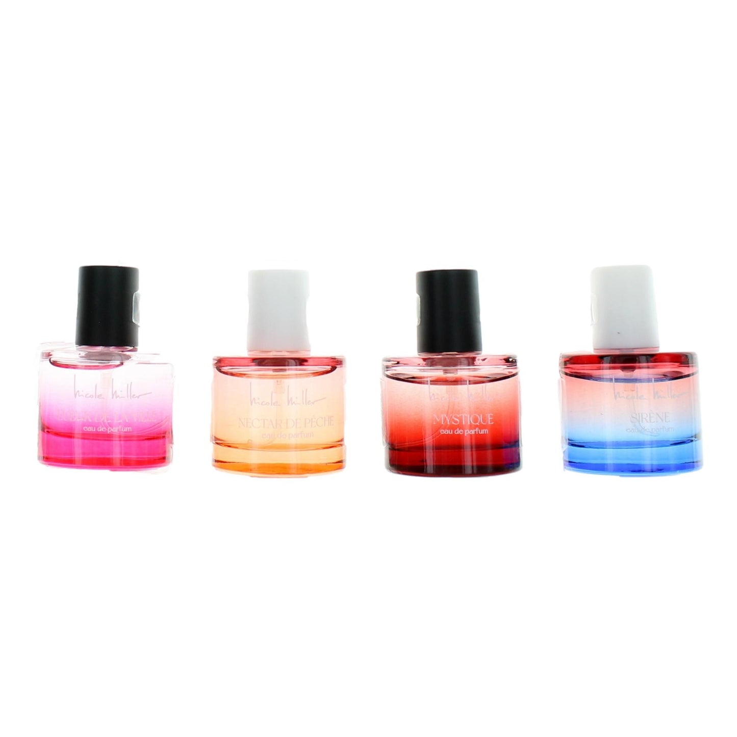 4-piece fragrance gift set: four small perfume bottles with caps, pink, amber, red, blue