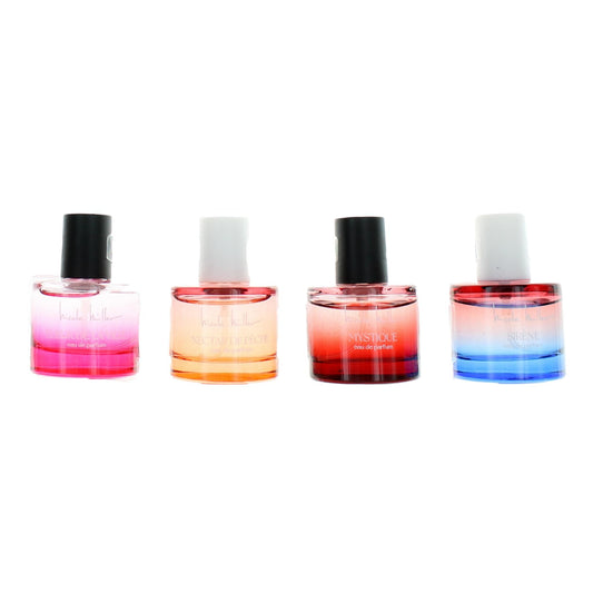 4-piece fragrance gift set: four small perfume bottles with caps, pink, amber, red, blue