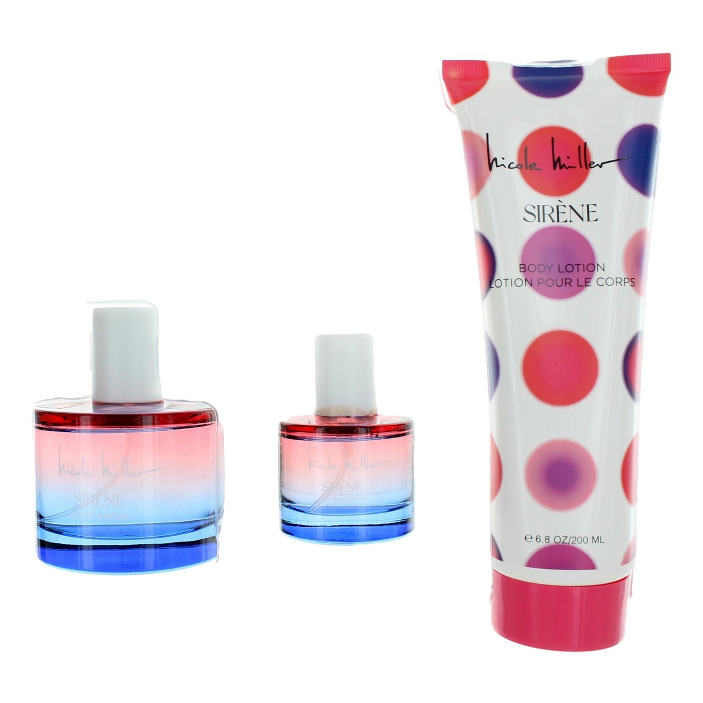 Women’s 3-piece Sirene fragrance gift set: lotion tube and two glass bottles.