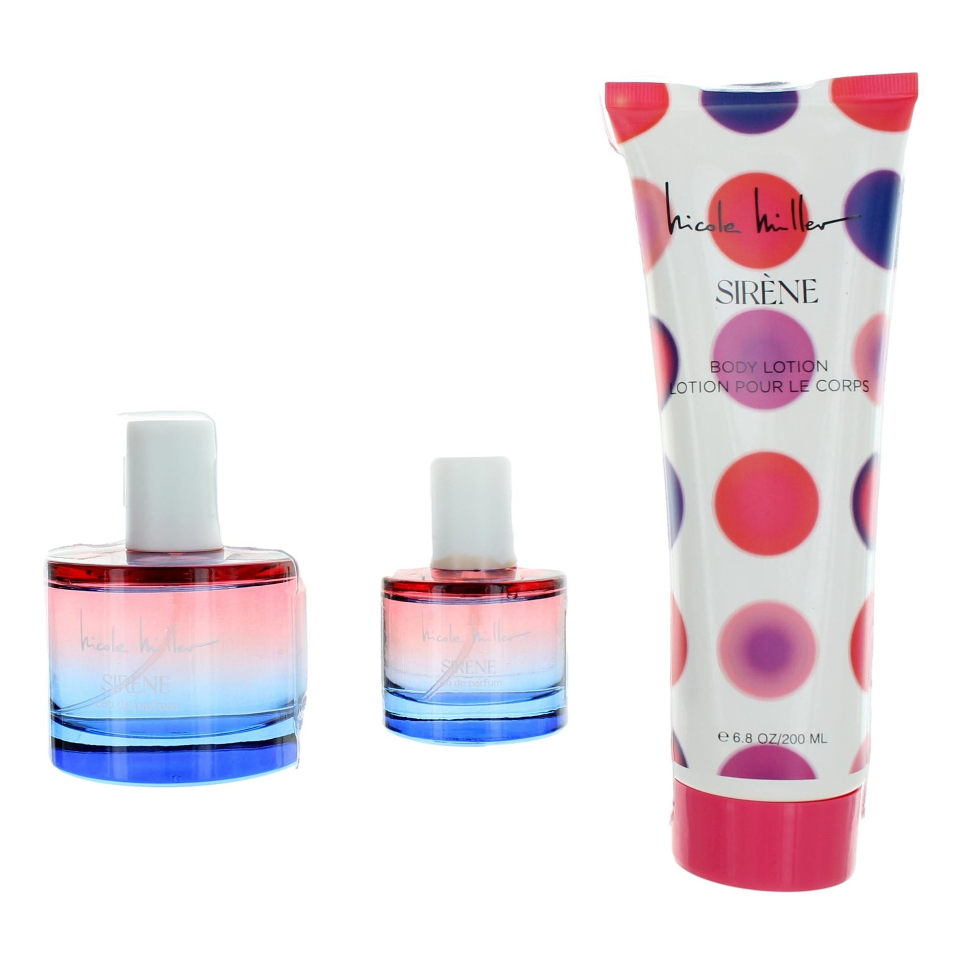 Women’s 3-piece Sirene fragrance gift set: lotion tube and two glass bottles.
