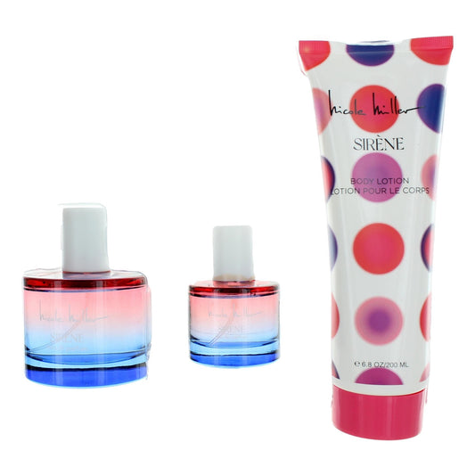 Women’s 3-piece Sirene fragrance gift set: lotion tube and two glass bottles.