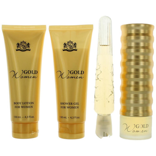 Gold women 4-piece gift set: body lotion, shower gel, roller, spray bottle