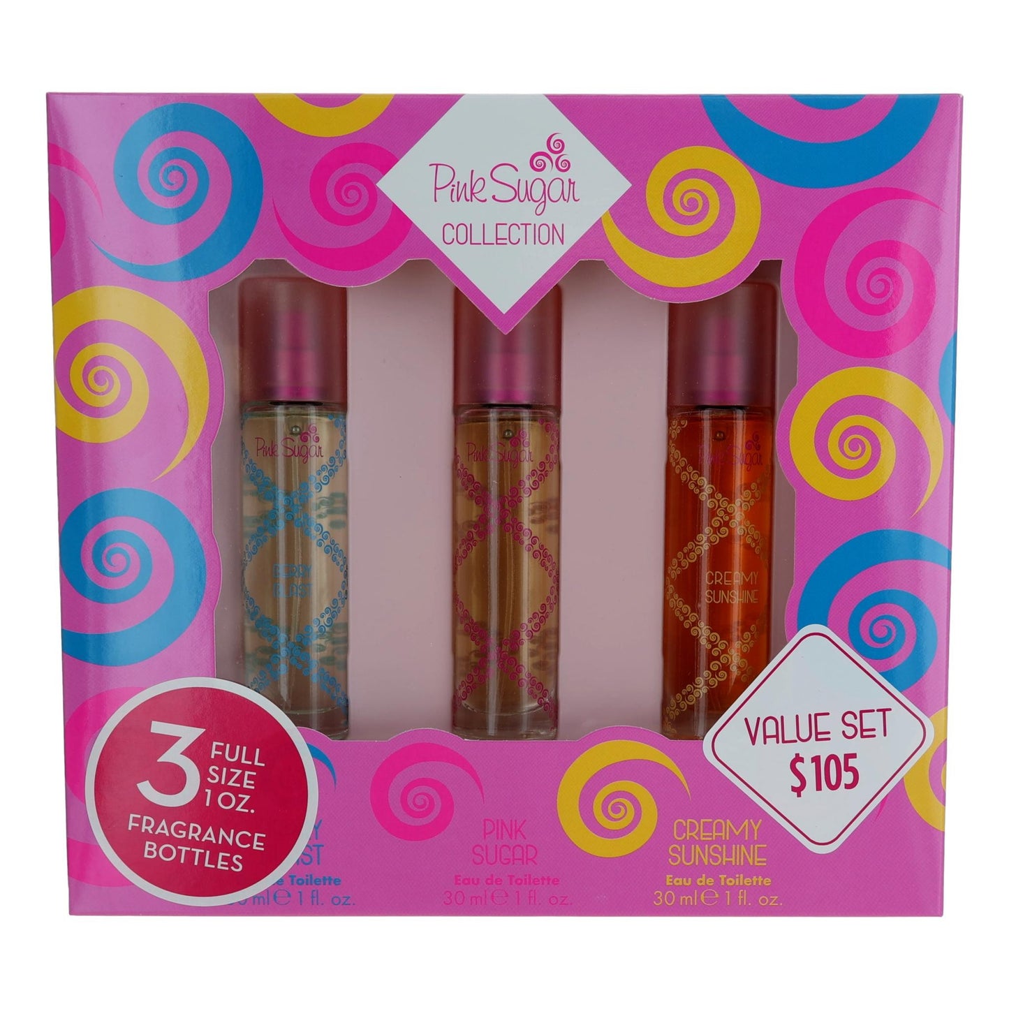 Pink Sugar 3-piece fragrance variety set with three spray bottles, value set box