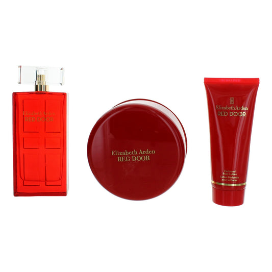 Red Door 3-piece gift set with fragrance bottle, compact, and lotion tube.