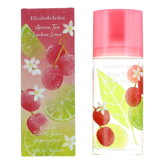 Elizabeth Arden Green Tea Lychee Lime EDT spray bottle and box, pink and green