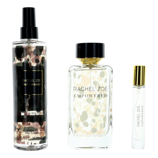 Women’s 3-piece fragrance gift set: three clear bottles with black caps
