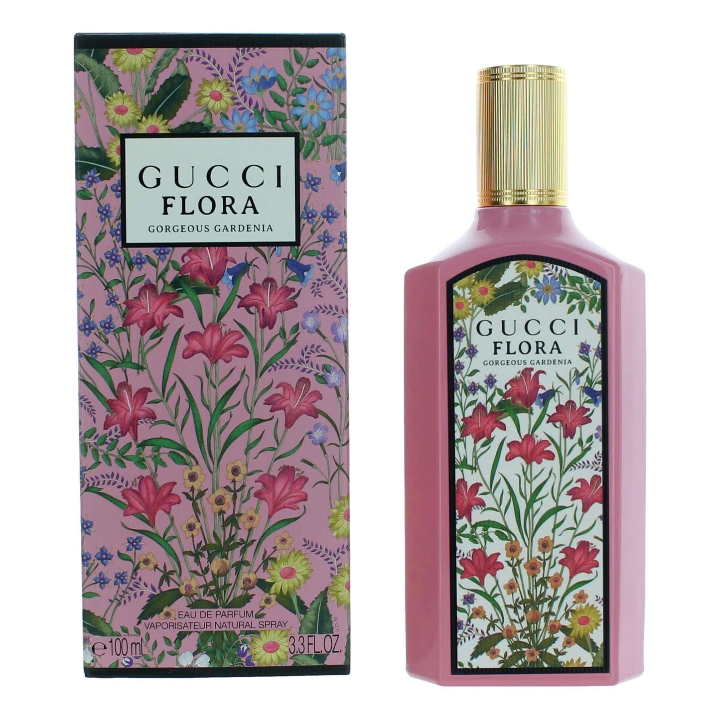 Gucci Flora Gorgeous Gardenia perfume spray bottle with floral design and box, pink glass.