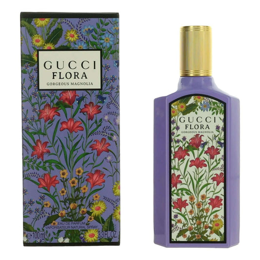 Flora Gorgeous Magnolia by Gucci, 3.3 oz EDP Spray for Women in a floral-themed bottle and packaging.