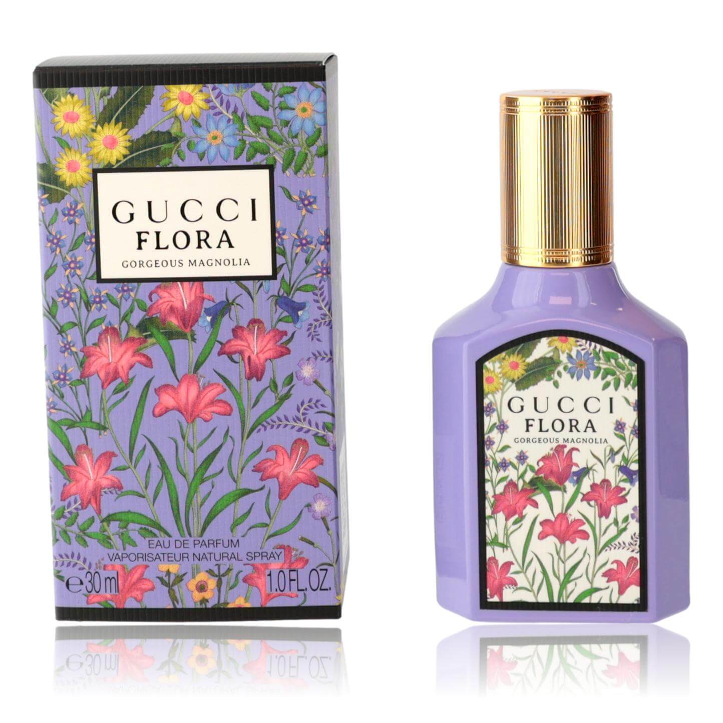Gucci Flora Gorgeous Magnolia by Gucci, 1 oz EDP Spray for Women with colorful floral packaging and bottle.