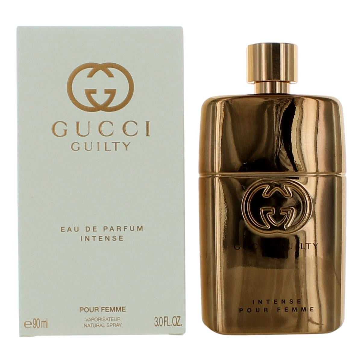 Gucci Guilty Intense eau de parfum spray bottle with gold cap and logo, 3 oz