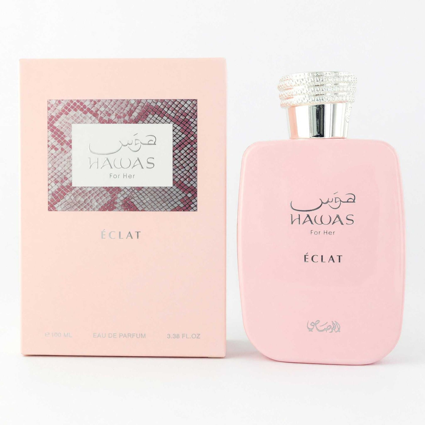 Hawas Eclat women's EDP spray: pink bottle with silver cap and matching box