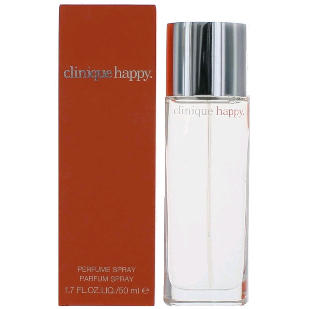 Clinique Happy perfume spray in clear bottle with silver cap and orange box