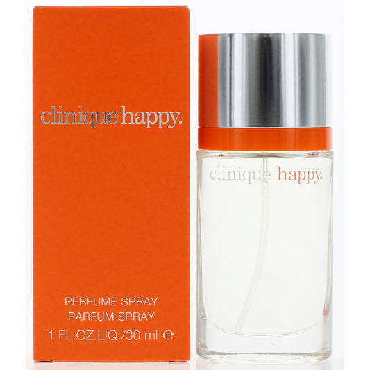 Clinique Happy perfume spray bottle with orange cap and matching orange box