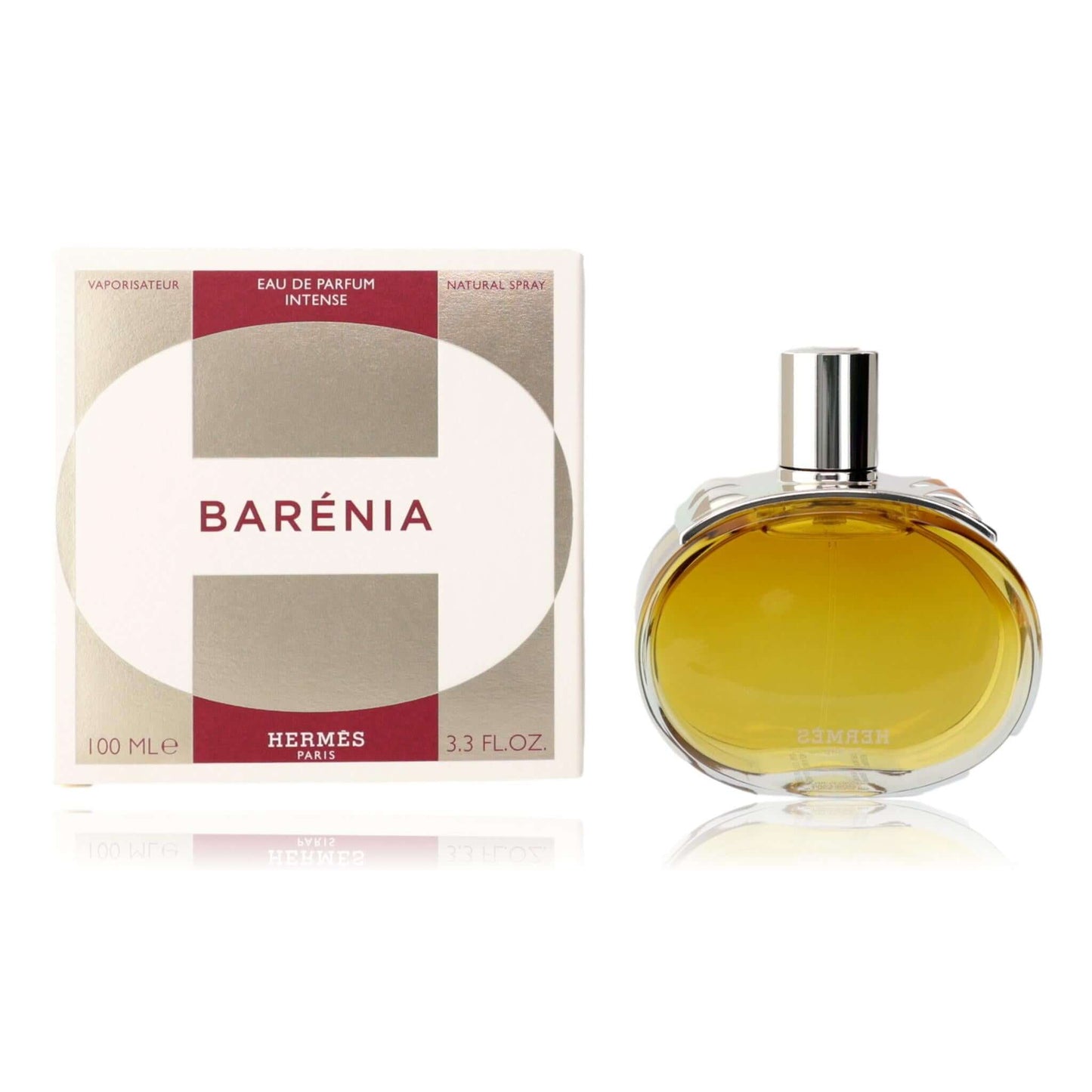Women’s eau de parfum spray bottle and box, amber glass with silver cap